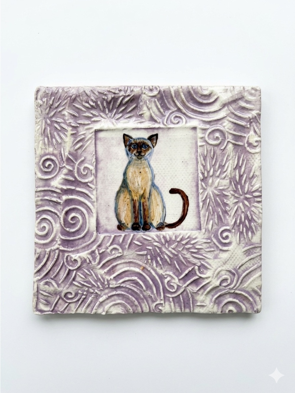 Handmade Ceramic Wall Tile Siamese Cat Folk Art Signed 2003 Purple Glaze